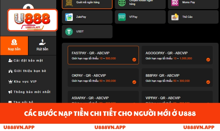 Các bước nạp tiền chi tiết cho người mới ở U888