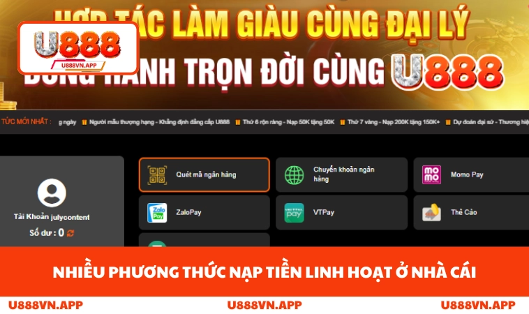 Nhiều phương thức nạp tiền linh hoạt ở nhà cái